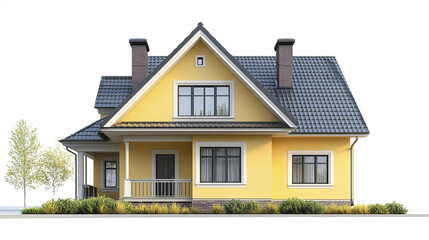 Yellow house with gabled roof and porch on white background