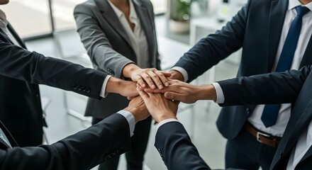 A group of diverse people standing in a circle, placing their hands together in the center as a symbol of unity and teamwork. 