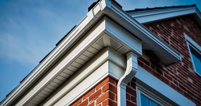 Close-up of a white frame gutter guard system, eaves through, fascia, drip edge, colonial white soffit featuring ventilation, and brick facade siding on a luxury single-family home community.