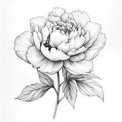 Hand-drawn peony flower in detailed black and white line art