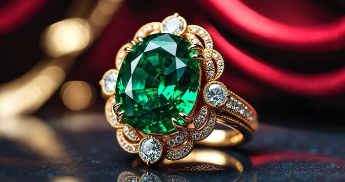 A breathtaking close-up of a beautiful cocktail ring, featuring a large, vivid green gemstone at its core. The gemstone is set in an elegantly designed gold band.