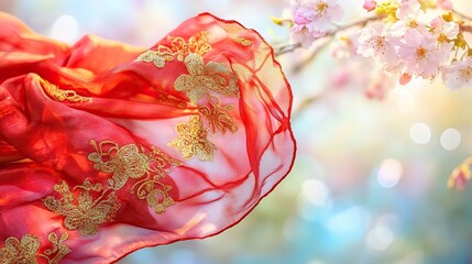 Red Scarf with Golden Embroidery on Cherry Blossom Branch, Symbolizing Youth and Renewal in Spring
