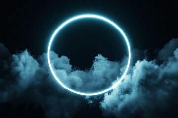 3D Render of Abstract Cloud with Neon Light Ring Against Dark Night Sky, Glowing Geometric Frame