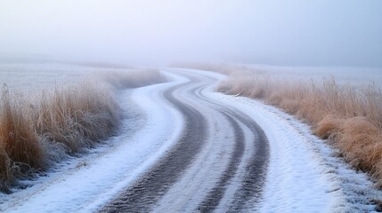 Obraz premium A winding snowy country road through a misty field, covered in frost.