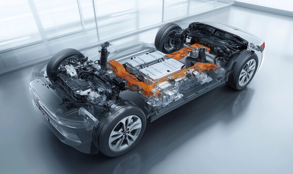 Electric vehicle powertrain components, showcasing battery, electric motors, wiring, and chassis design