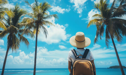 Fototapeta premium Tropical beach view with traveler, palm trees, blue sky, ocean