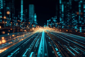 Fototapeta premium Digital city landscape with glowing lines and bokeh lights creating a futuristic cityscape view
