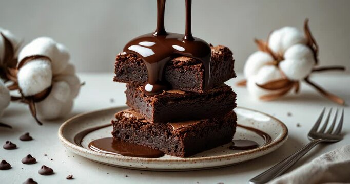 Chocolate brownies on a ceramic dish with drizzling melted chocolate sauce on a light backdrop. Homemade baked goods.