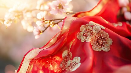 Red Scarf with Golden Embroidery on Cherry Blossom Branch, Symbolizing Youth and Renewal in Spring
