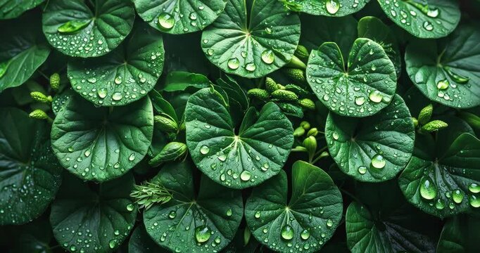 Beautiful backdrop of herbal medicine foliage. Close-up of leaves with water droplets. Fresh green leaf texture backdrop.