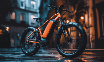 Electric bike in urban setting, sleek design, vibrant orange color, fat tires, illuminated street, modern architecture, evening ambiance