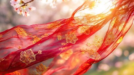 Red Scarf with Golden Embroidery on Cherry Blossom Branch, Symbolizing Youth and Renewal in Spring
