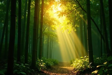 Sunbeams pierce thick bamboo, casting a warm golden hue on the forest floor , serenity, scene