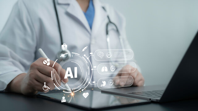AI-powered medical interface on tablet used by doctor to interact with futuristic healthcare data and analysis platform