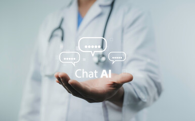 Doctor holds a virtual chat AI hologram for healthcare communication and smart diagnostics in modern medical technology