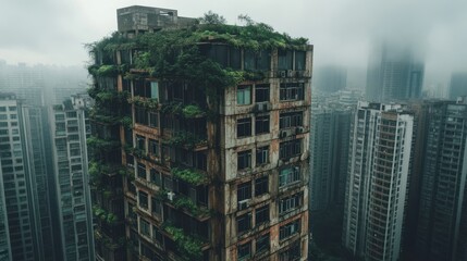 Obraz premium Abandoned high-rise building overgrown with vegetation in urban landscape.