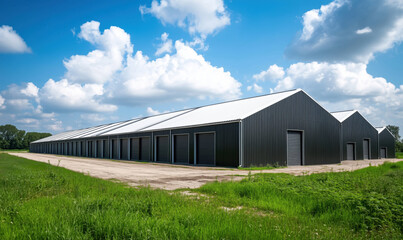 Modern agricultural storage facility with metal siding, large structure, surrounded by green grass and blue sky, clouds in background