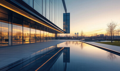 Modern architecture reflecting sunset, sleek glass building, serene water feature, urban landscape, tranquil atmosphere