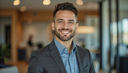 A portrait headshot photo of a friendly professional CEO executive business worker: A smiling man in a suit and open-collared shirt stands confidently in a modern office lobby, radiating a profes