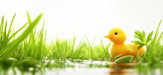 Yellow duckling in green grass, small pond, vibrant colors, cute and playful atmosphere, copy space for text