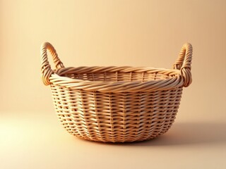 Obraz premium Woven basket with handles, light brown, empty, on beige background