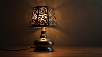Vintage lamp on the table and wall in a cozy room with warm lighting and wooden furniture