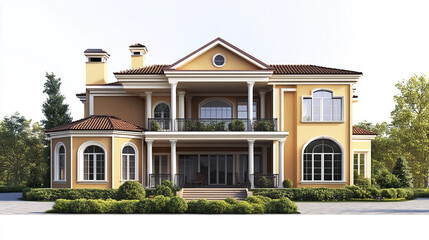Fototapeta premium Elegant two story house with columns and arched windows, surrounded by greenery