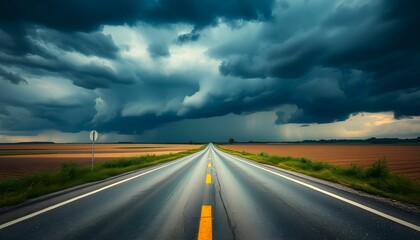 Highway stretching to horizon, dramatic stormy sky, dark ominous clouds, golden fields, rural landscape, empty road, yellow lane markings, atmospheric, cinematic, wide-angle view, foreboding mood