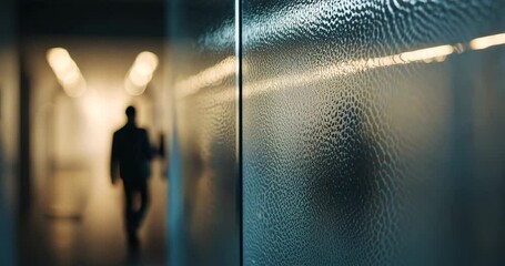 Close view of textured frosted glass partition illuminated softly from the back. Blurred items enhance privacy while permitting light to filter through. - Powered by Adobe