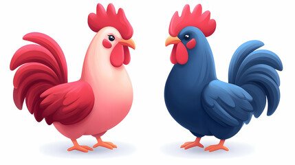 Fototapeta premium Two Roosters Facing Each Other, Red and Blue Cartoon Illustration