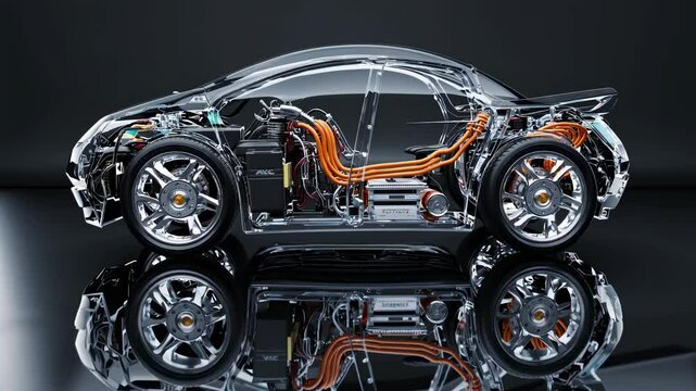 Transparent electric car model rotating on a reflective black surface, revealing battery, motor, and wiring, offering a detailed view of modern automotive technology