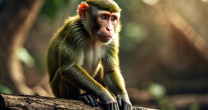 Close-up image of a green monkey perched on a log in its natural habitat.