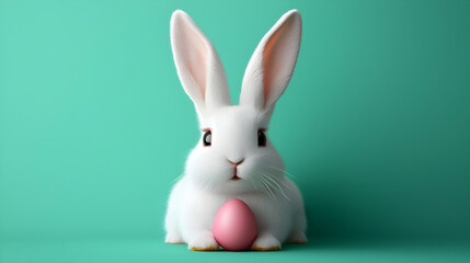 Fototapeta premium White Fluffy Bunny with Pink Egg on Green Background