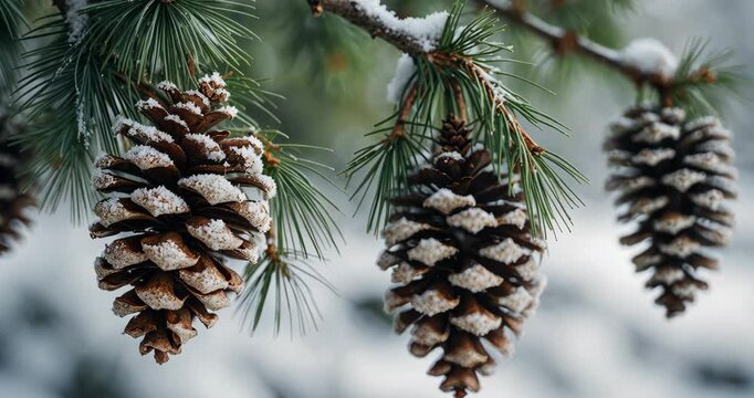 Close-up of pine cones blanketed in snow, suspended from branches. The frosted needles and organic textures emphasize the tranquil beauty of nature.