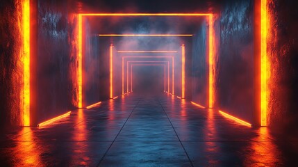 Illuminated Tunnel with Futuristic Glow and Vapor, Ideal for Sci-fi Concepts