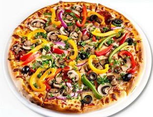 A colorful pizza with mushrooms, peppers, and olives is displayed against a white background.