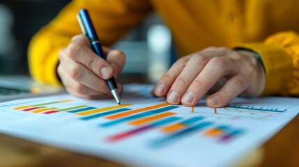 Hands analyzing data trends with colored charts and graphs to drive business decisions and insights effectively
