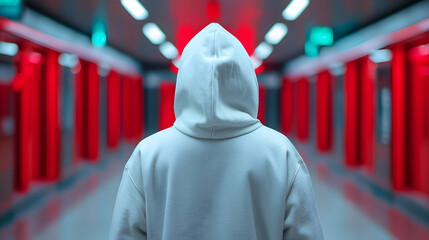 Mysterious Figure in White Hoodie Walking Through Red Lit Tunnel