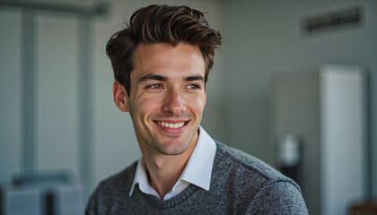 Naklejka premium A portrait headshot photo of a friendly professional CEO executive business worker: A smiling young man with dark hair, wearing a gray sweater over a white collared shirt, glances to his right wi