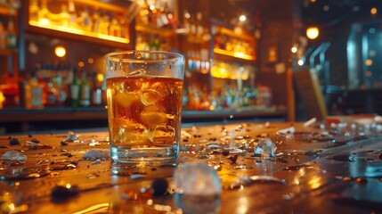 Amber alcoholic drink in glass with ice on cracked city bar counter