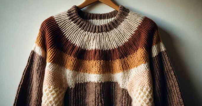 Close-up of a classic wool knitted pullover sweater featuring a vibrant yoke in knitting design against a white backdrop.