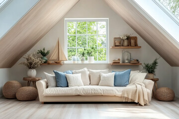 Fototapeta premium Scandinavian home interior design living room in attic with lining ceiling