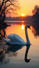 Fototapeta premium Graceful swans glide across still sunrise lake water, tranquility, beautiful, water