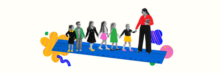 Conceptual artwork. Teacher leading line of students on giant ruler, symbolizing academic path,...