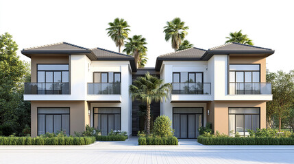 Modern two story house with palm trees and large windows