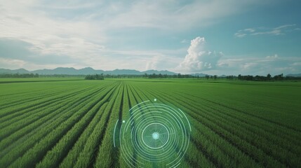An AI powered smart agriculture system, using sensors to monitor crop health and automate pest control in a large field, Agricultural tech style