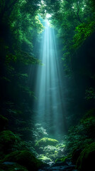 Obraz premium Sunlight Beams Through Lush Green Forest