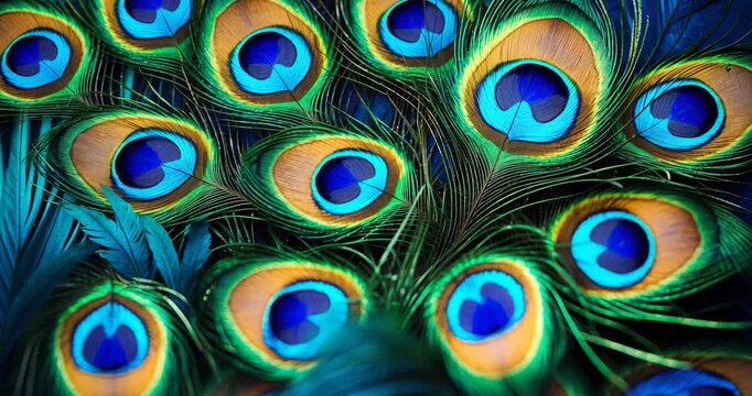 Close-up of vibrant peacock feathers from above, serving as a background.
