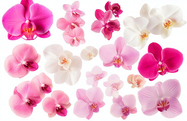 Collection of pink and white orchid flowers isolated on a white background in a floral arrangement