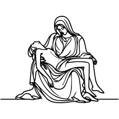 line art vector of mary holding jesus after crucifixion, inspired by pieta